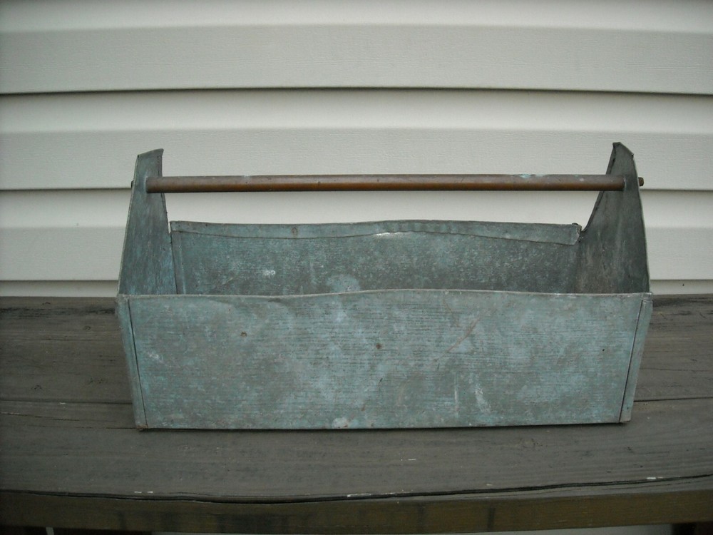 Solid Heavy Metal Tool Box Tote Caddy Handmade Primitive Folk Art