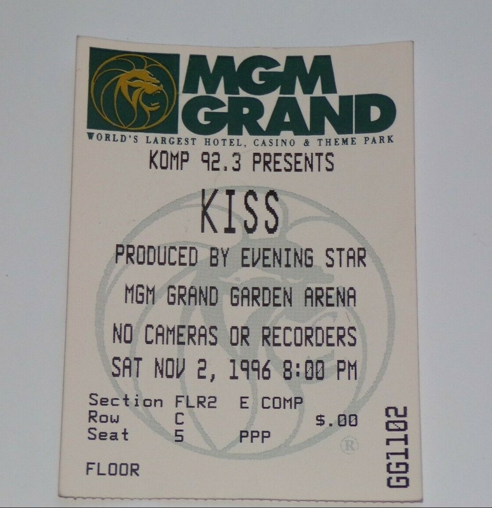 KISS Full Ticket Stub 1996 Reunion Concert Tour Las Vegas Nevada Vintage Kiss