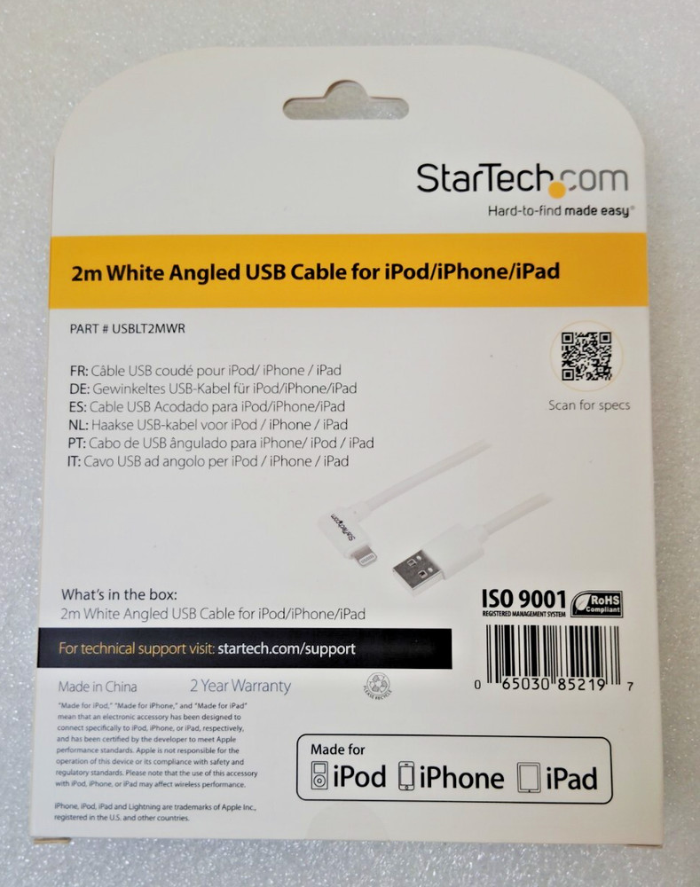 StarTech.com 2m White Angled USB Cable for iPod/iPhone/iPad USBLT2MWR