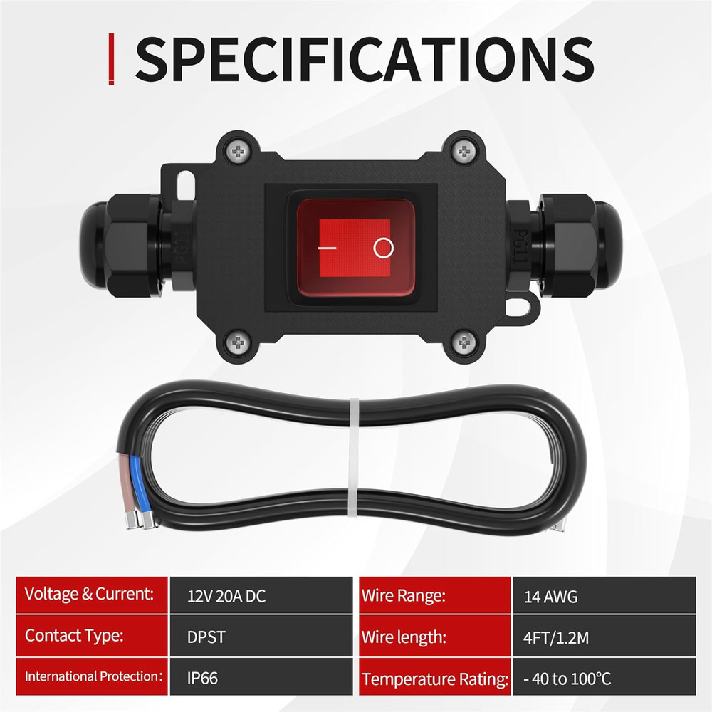Inline Cord Switch 12V 20A DC Waterproof Inline Switch IP66 Red Lighted 2 Positi