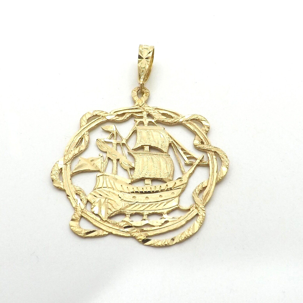 Solid 14k Gold Filigree Explorer Christopher Columbus Ship Charm Pendant