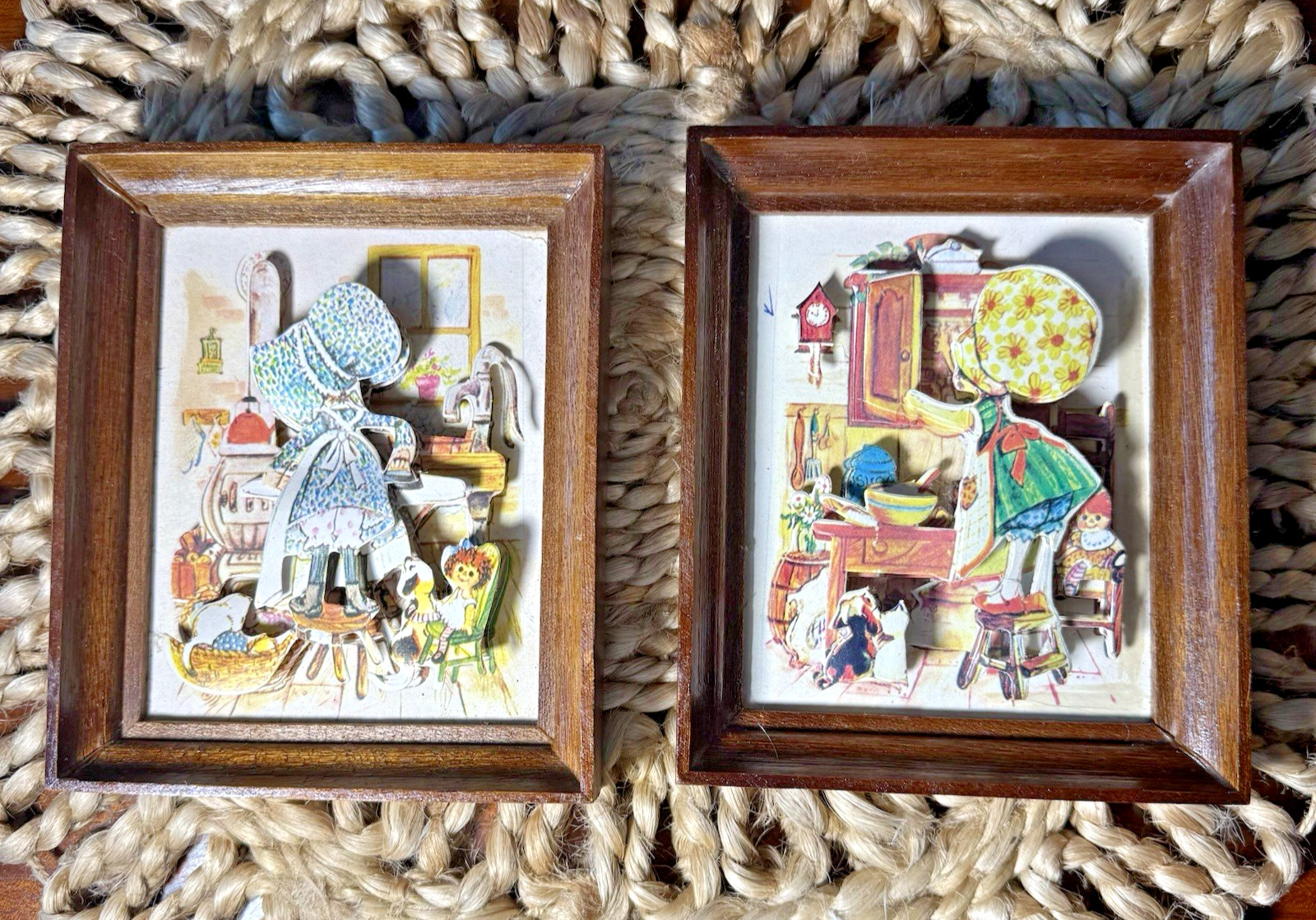 Holly Hobbie Style 3-D Art Decoupage Wooden Frame Set of 2 Christmas 1984