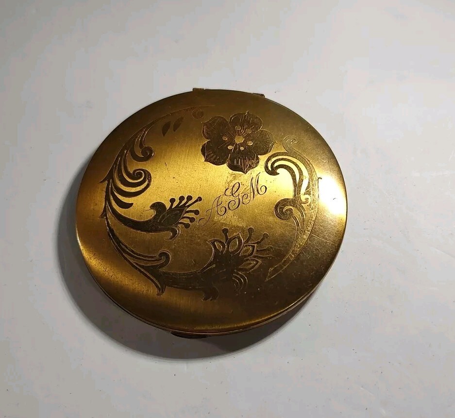 Vintage Makeup Powder Case Solid Brass with Engraved Lettering MCM