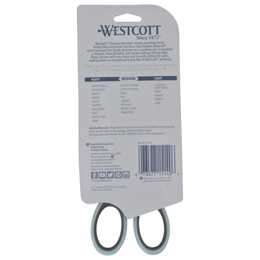 Westcott Sewing Scissors, Titanium, 7", Micro-tip, for Craft, Light Blue