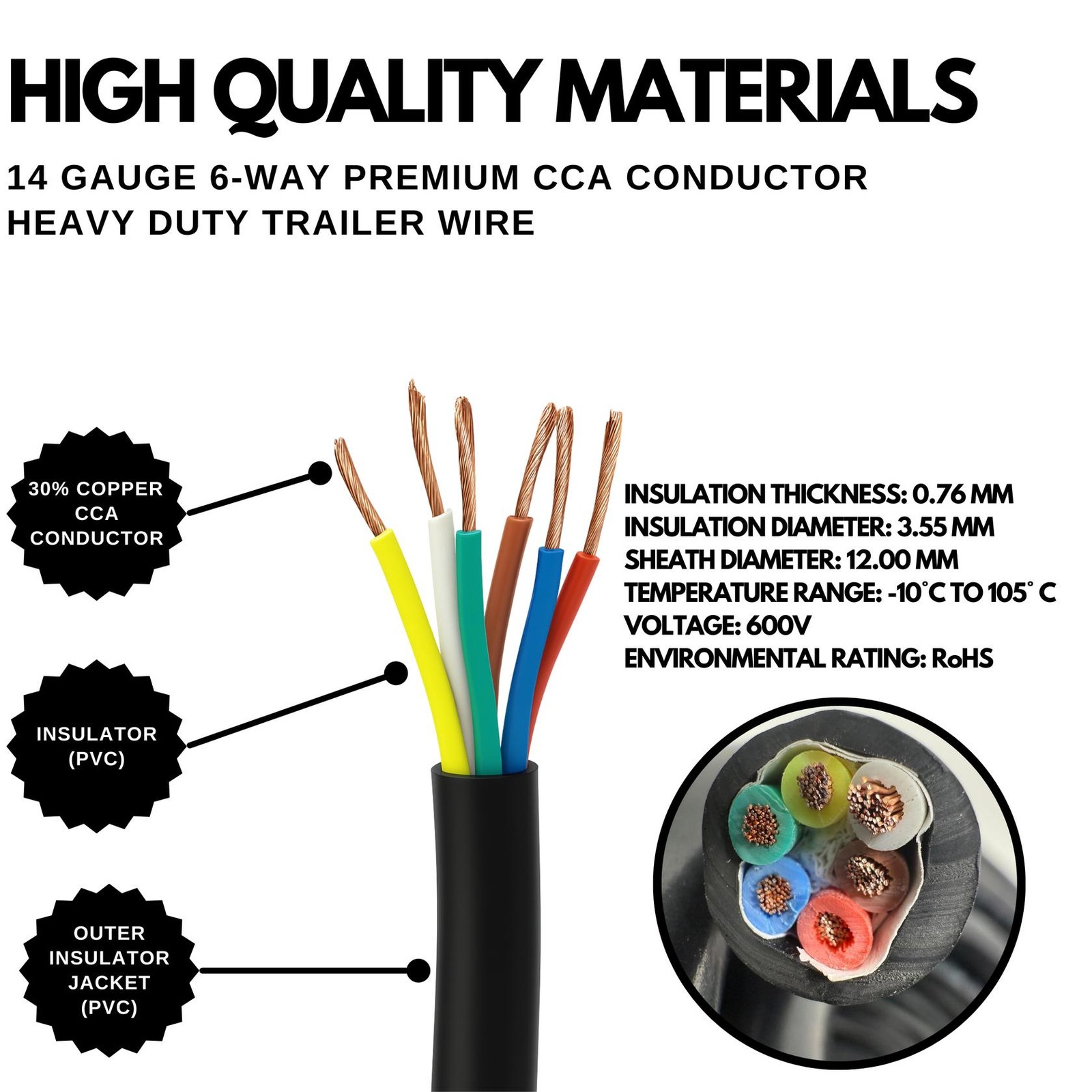 6 Way Trailer Wire Heavy Duty 14 AWG/Gauge CCA 6 Conductor Wire RV Trailer Tow