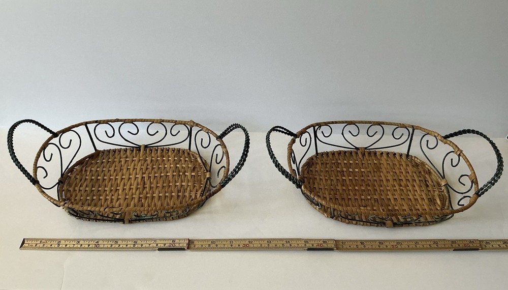 Set 2 Wicker Rattan Baskets Metal Scroll Oval Serving Tray Rustic Boho Decor