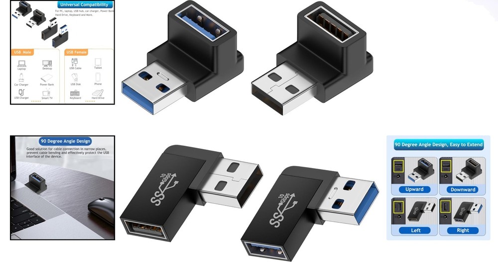 4-Pack USB 3.0 90 Degree Angle Connectors for Fast Charging & Data Transfer