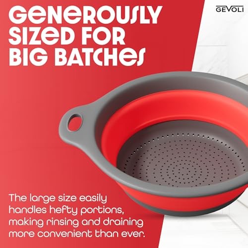 Strainer with Self-Draining Base (5QT) Over-Sink Collapsible Kitchen 1 Pack Red