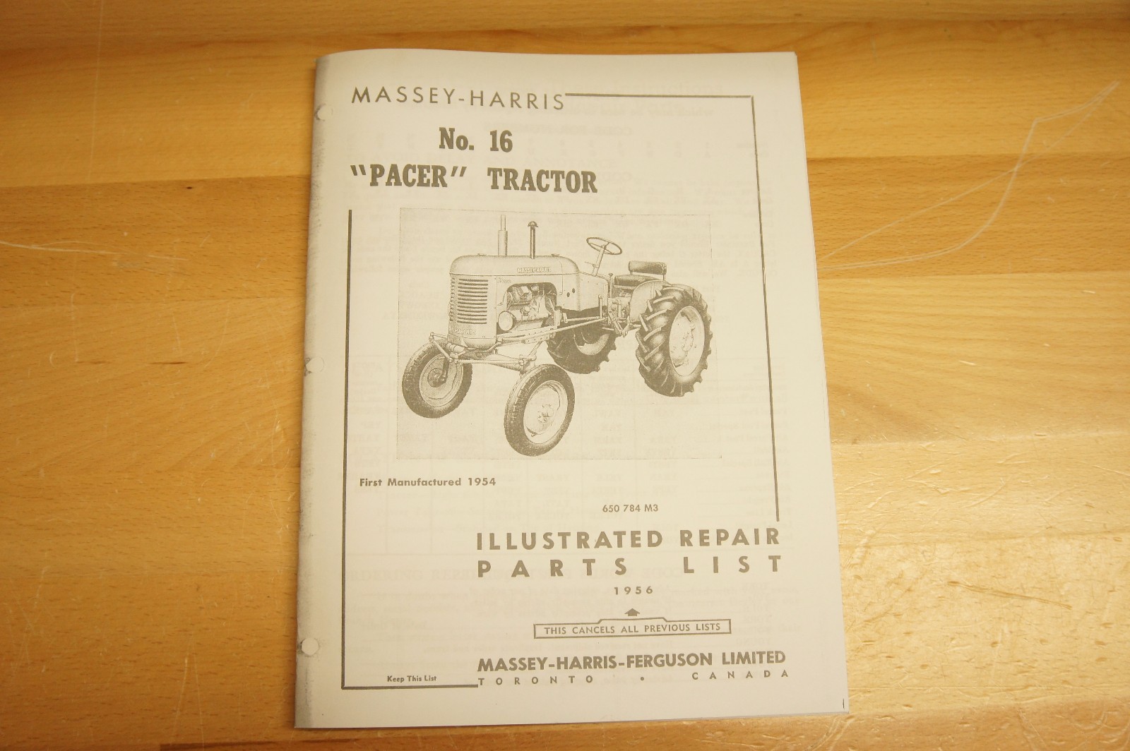 Massey Harris Pacer No 16 Tractor Parts Catalog Manual MH Continental Y91