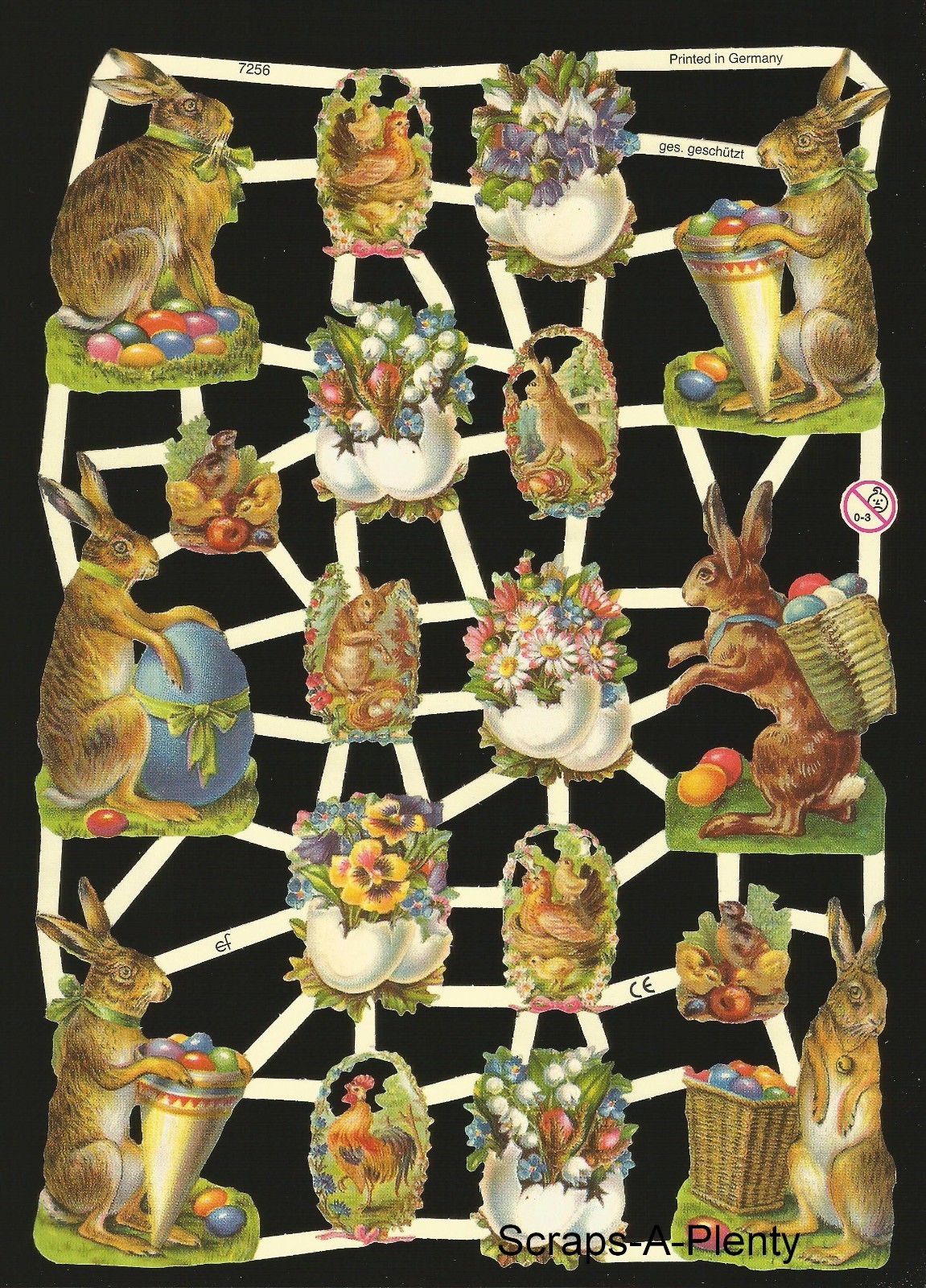 German Embossed Vintage Style Scrap Die Cut  Easter Bunny & Colored Eggs  EF7256