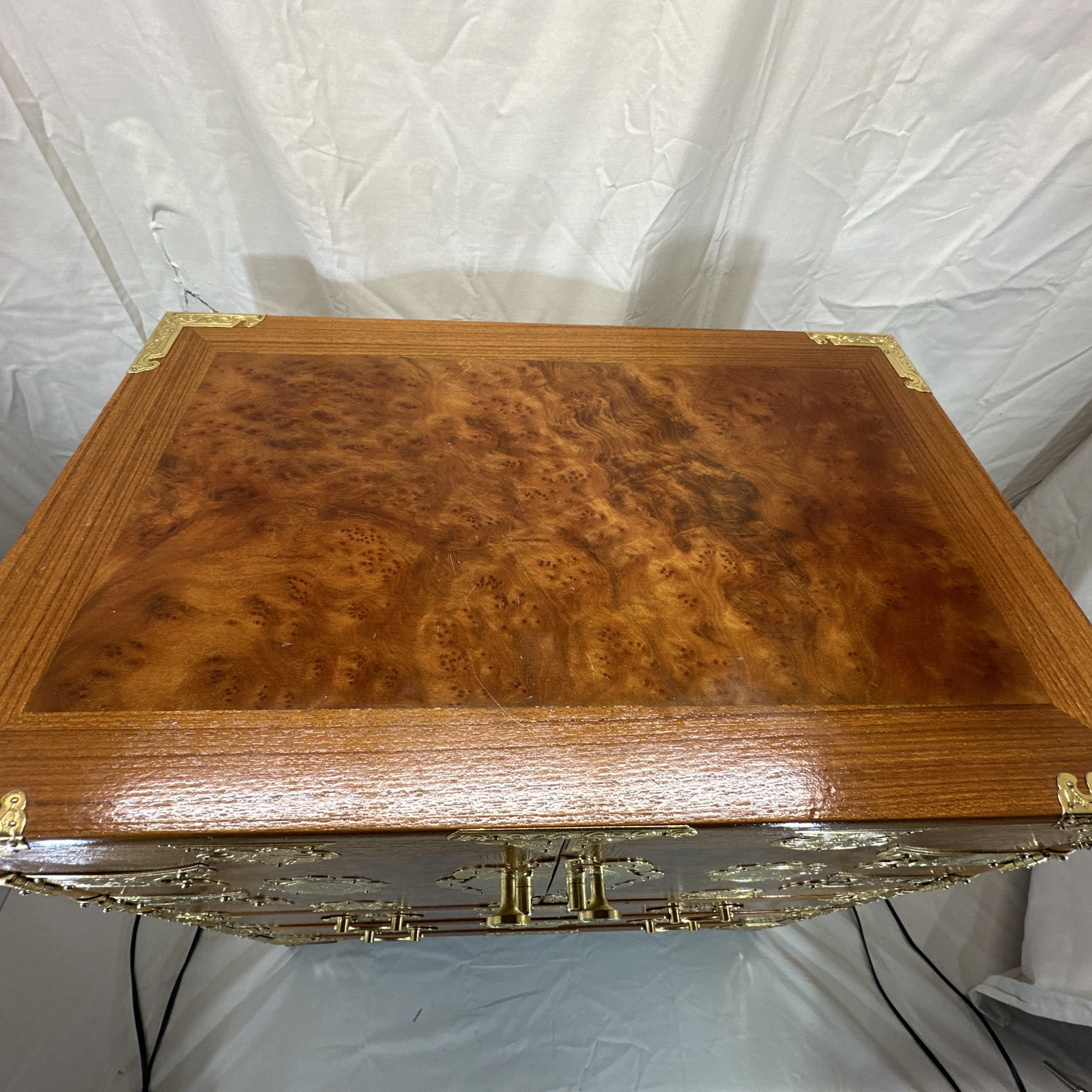 Vintage Asian Burl Wood and Brass Tansu Chest Mid Century 1970's Elegant