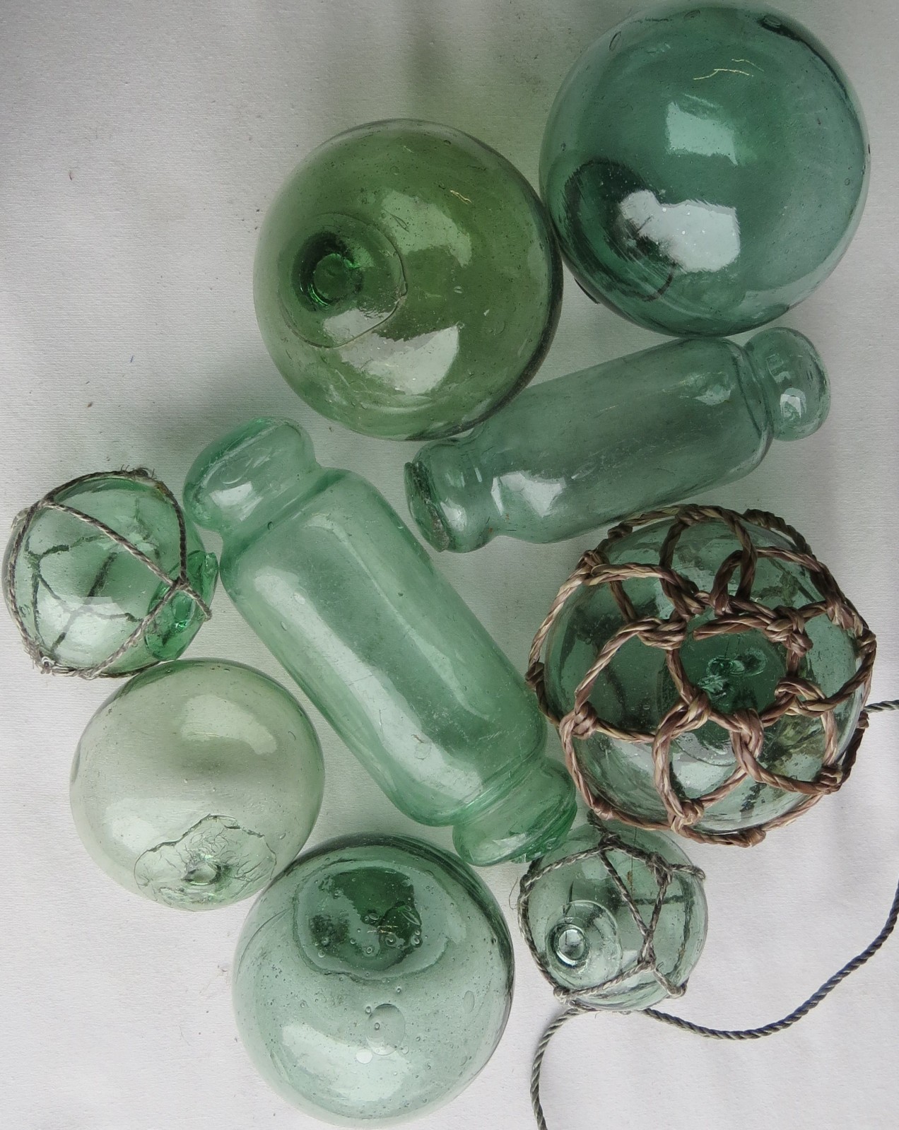 Japanese GLASS FLOATS (9) Sea Greens Mixed Sizes, Shape, Fishing Antiques USA BZ