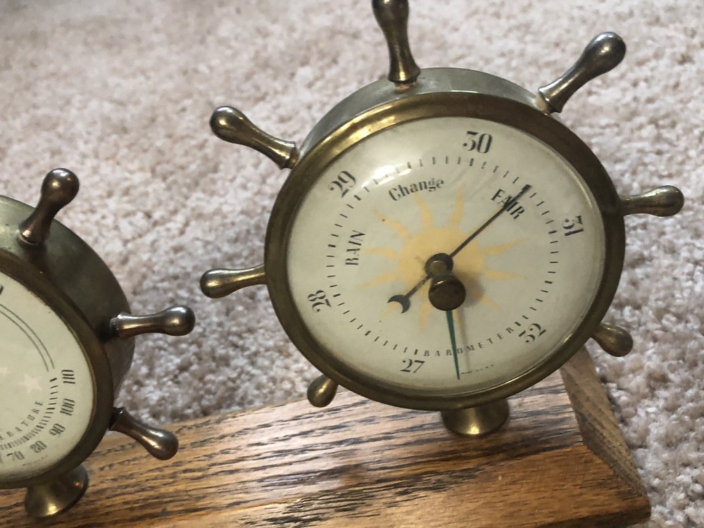 Vintage Barometer Thermometer Ships Wheel