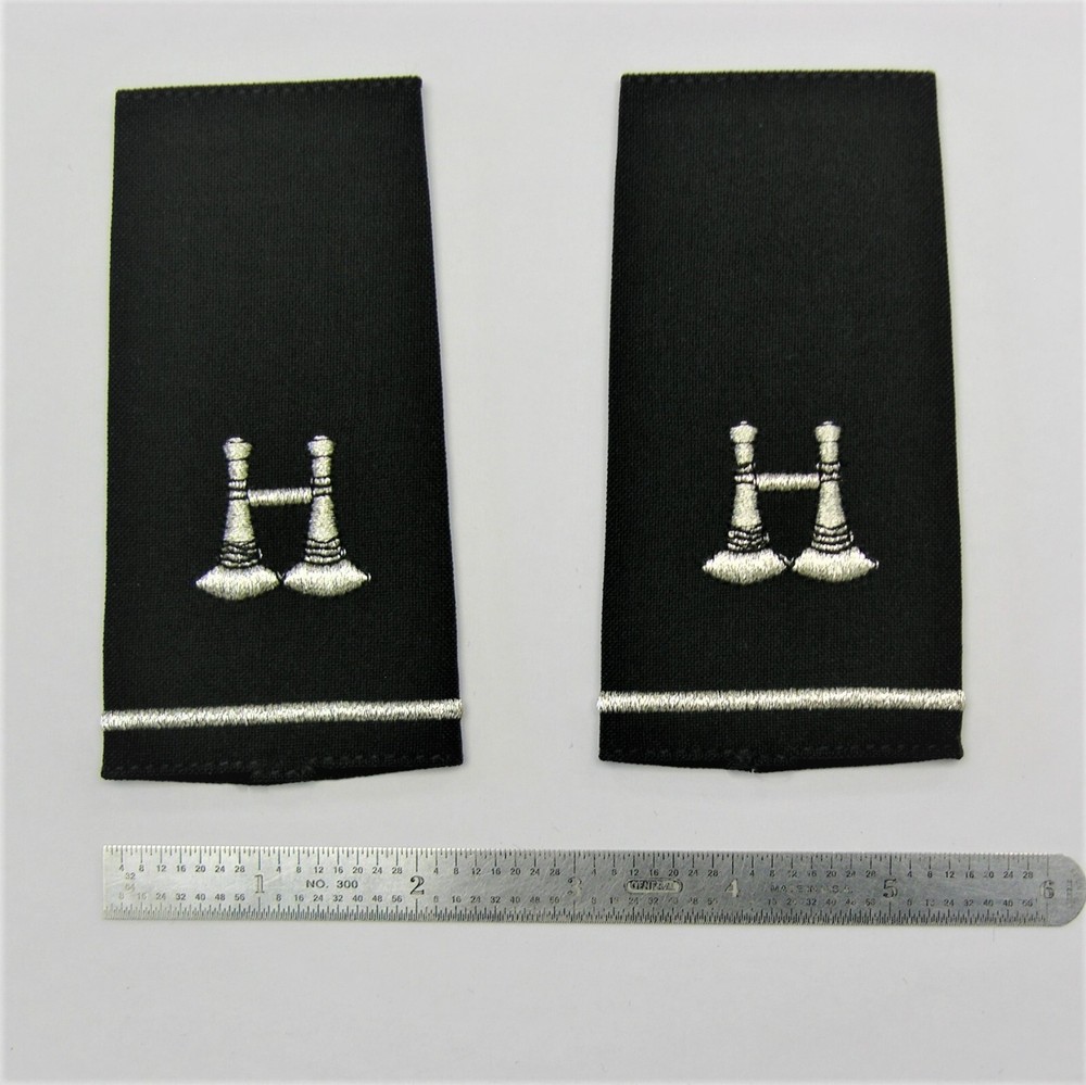 Fire Dept. Epaulettes, 2 Parallel Bugle - Silver Embroidery On Blue - 1 Stripe