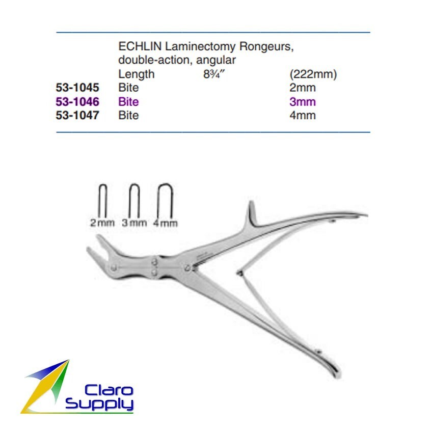 53-1046 Codman 42 Echlin Laminectomy Rongeur Double Action Angular 3mm