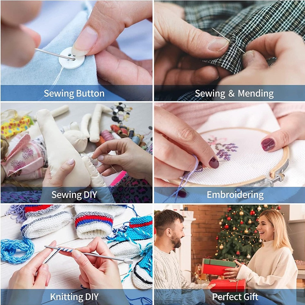 Complete Sewing Kits+Embroidery Stitch Guide Book Needles Scissors Buttons Pins