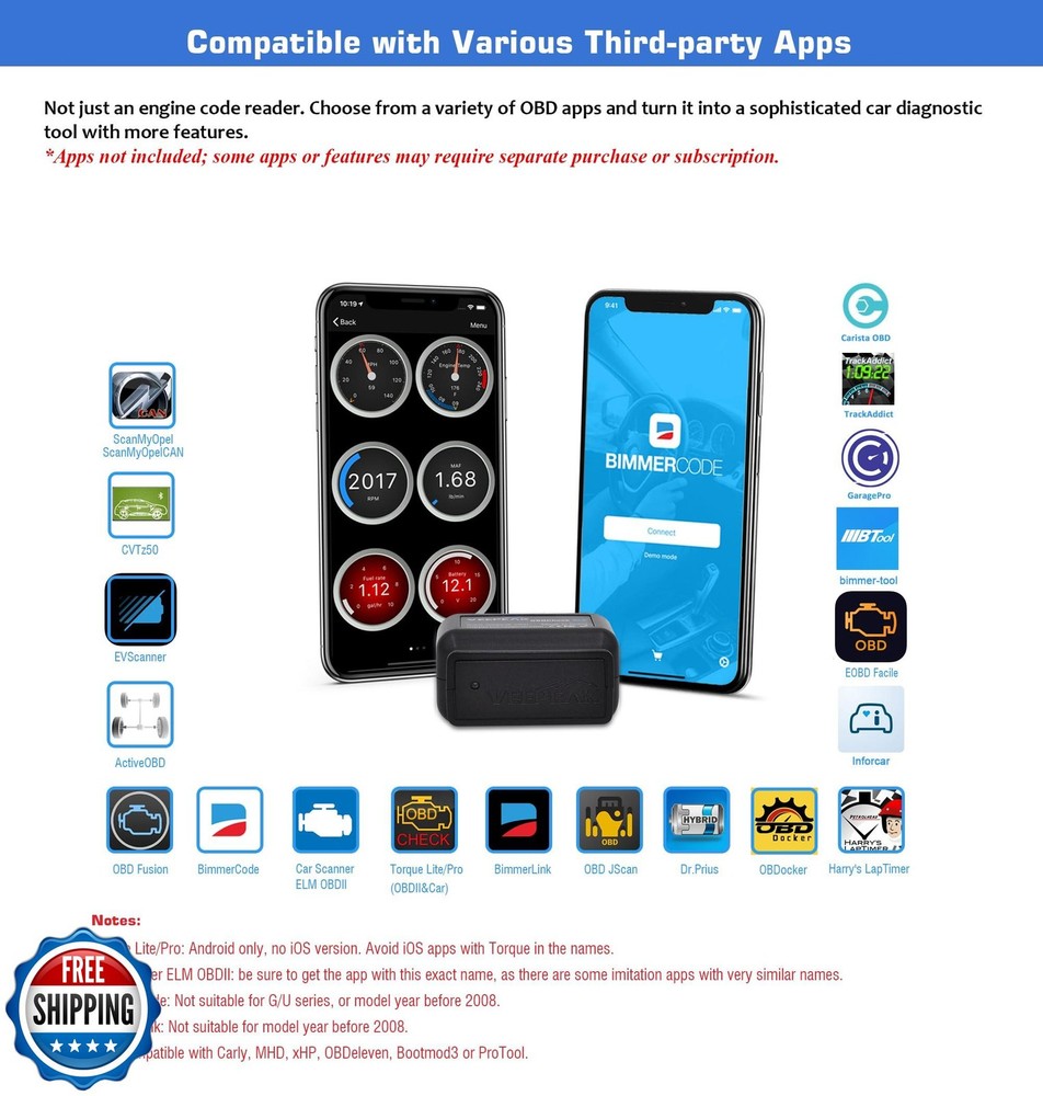 Veepeak OBDCheck BLE Bluetooth OBD II Scanner for iOS and Android