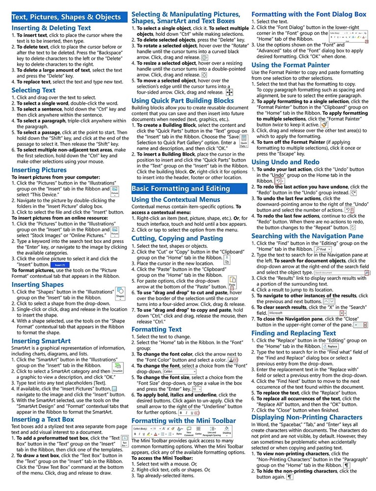 Word 2021 & 365 Training Guide Quick Reference Card Cheat Sheet Instructions