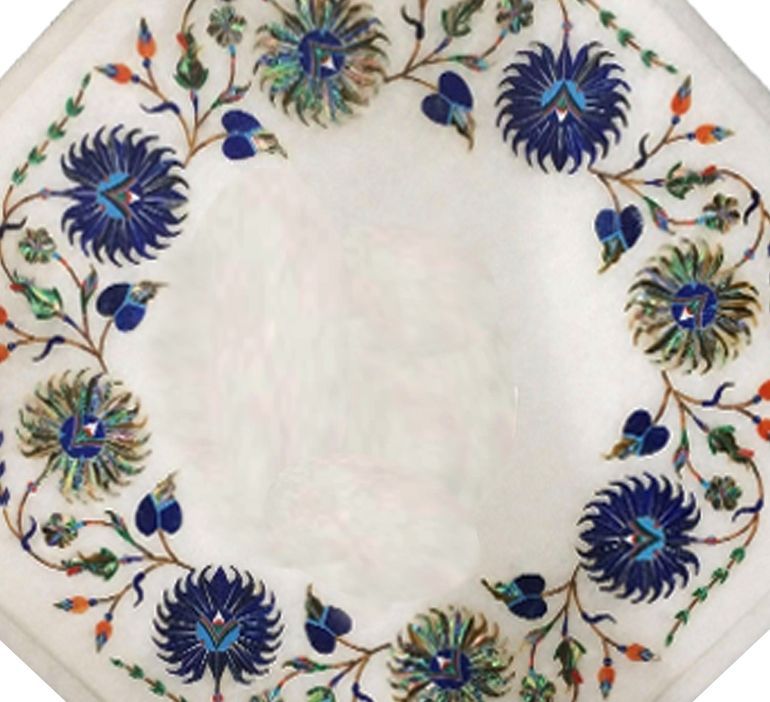 12" Semi Precious Stones Inlay Marble Corner Side Table Top Handmade Work