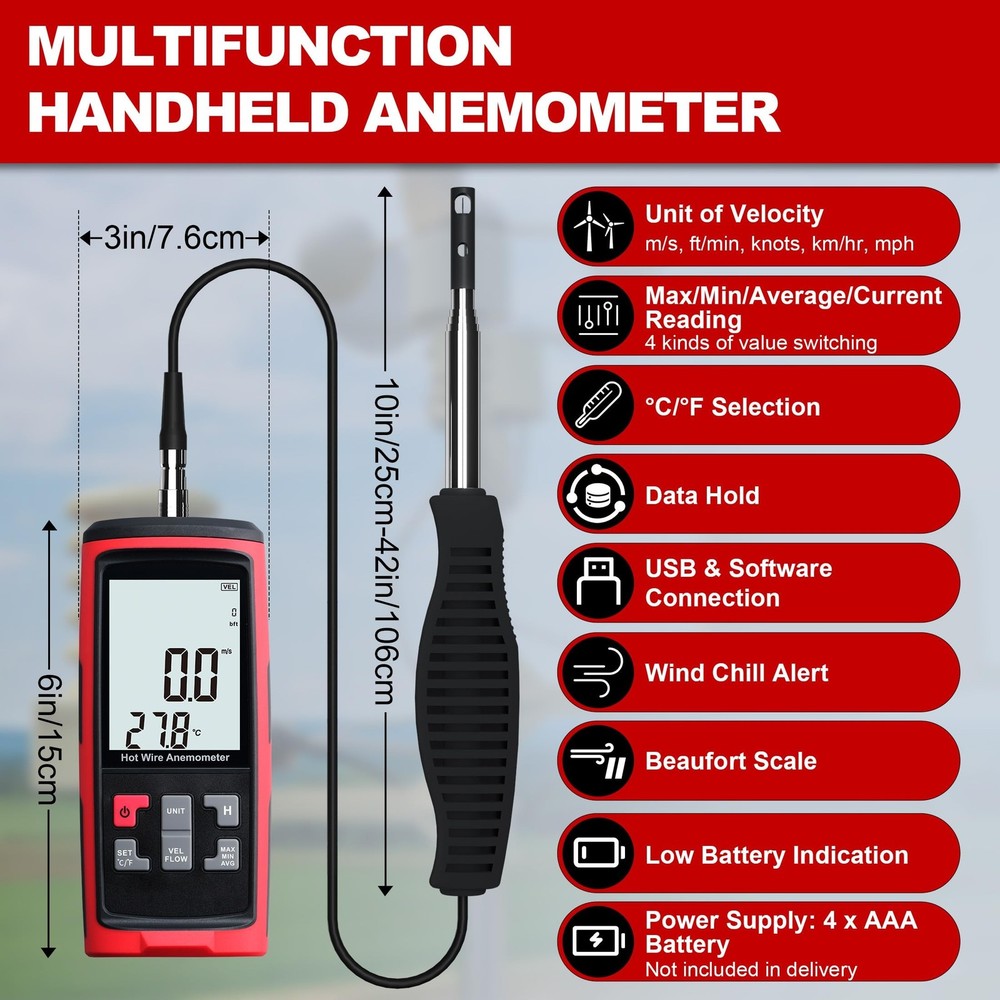 Upgraded Hotwire Anemometer Handheld Anemometer with Telescopic Probe Wind Sp...