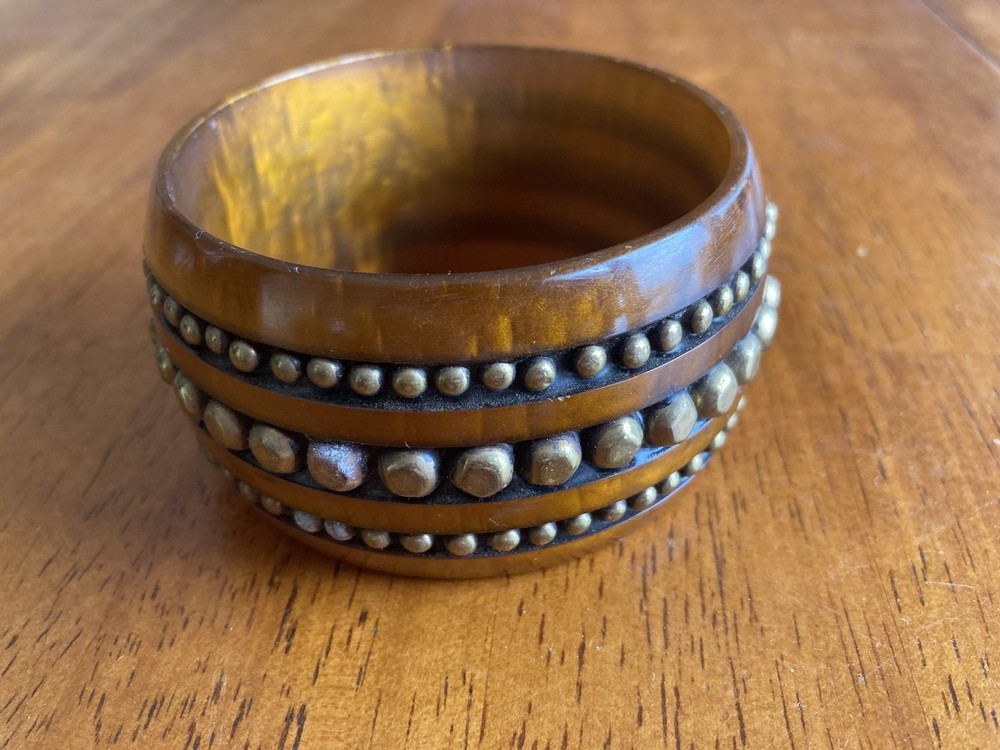 Vintage Brass Studded Rootbeer Bakelite Chunky Bangle Not Tested