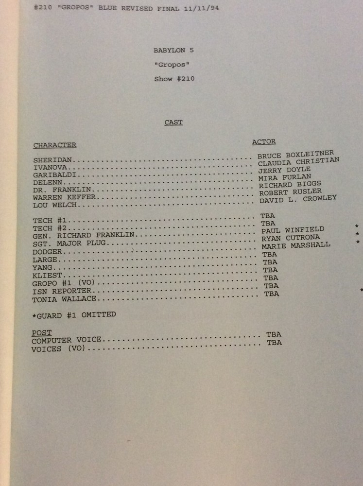 ORIGINAL SCRIPT BABYLON 5 GROPOS #210 BRUCE BOXLEITNER JERRY DOYLE CHRISTIAN