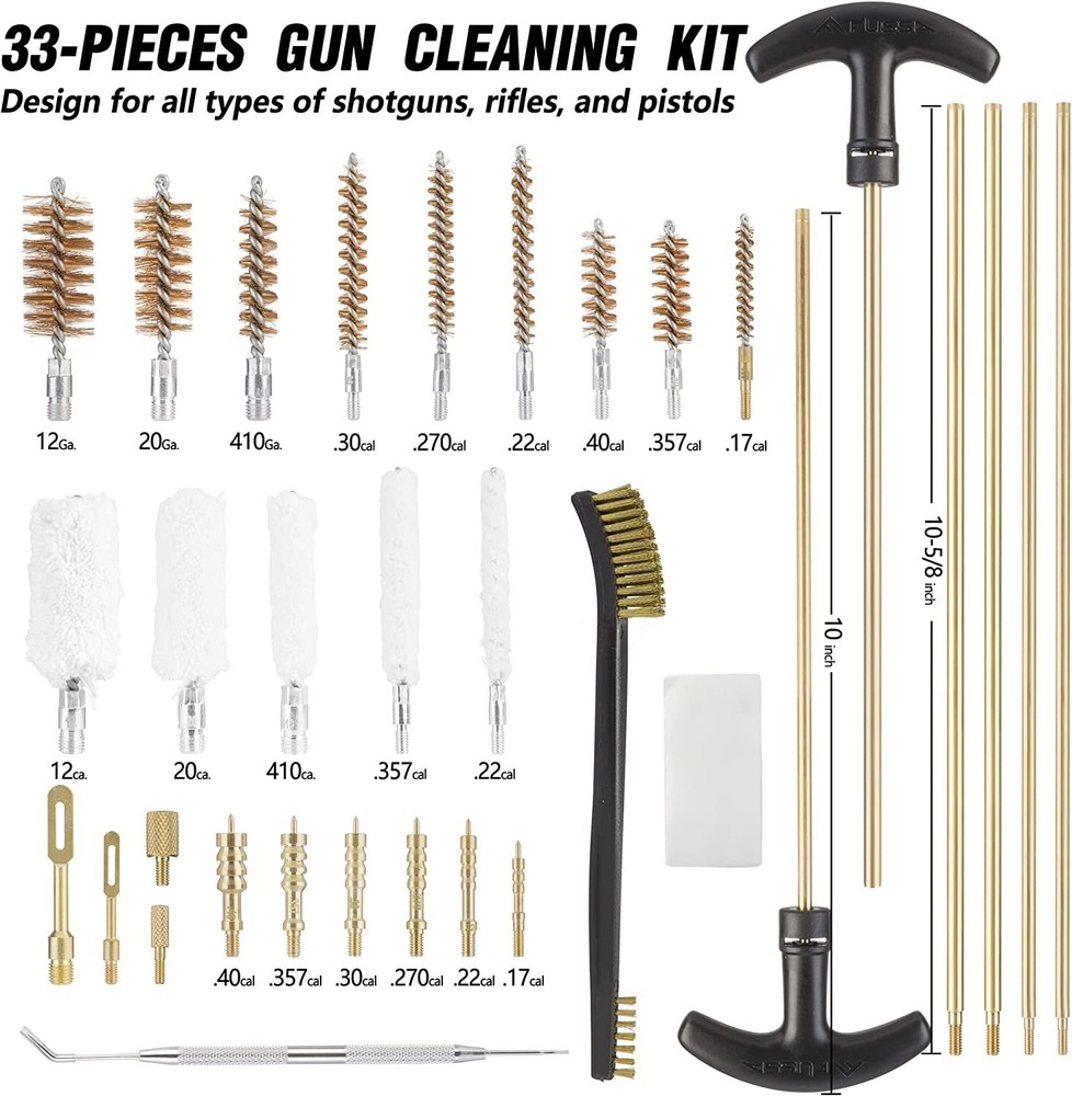 Flissa 33 PCS Gun Cleaning Kit with Solid Brass Rods, Brushes, Mops, Jags, Case