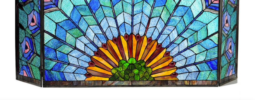 Peacock Tail Feather Tiffany-Style 3-Panel Stained Glass Fireplace Screen
