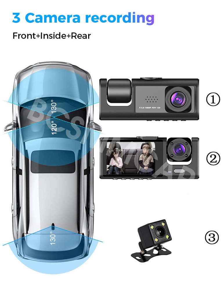 Car Dash Cam Video Recorder Front/Rear/Inside Camera G-sensor Motion Detection