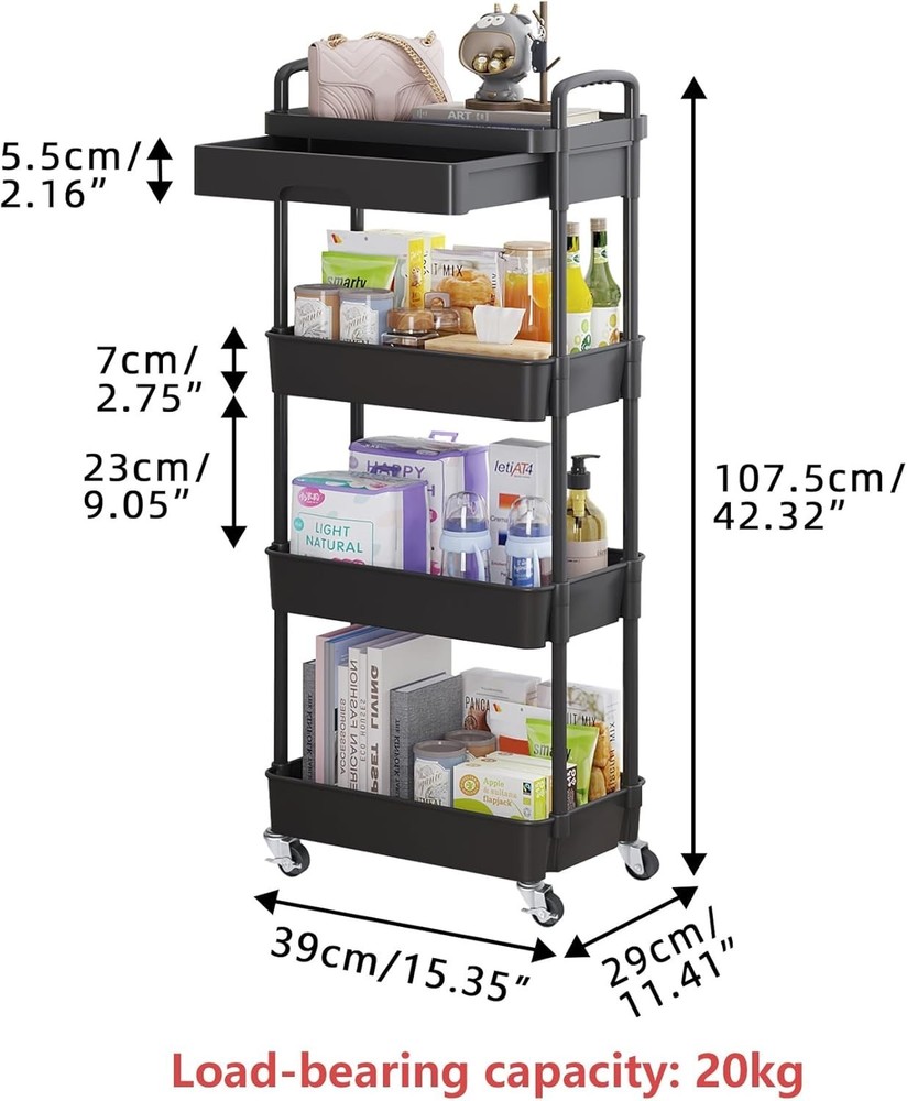 Adjustable 4-Tier Rolling Cart - Effortless Storage Solution with Chic Design