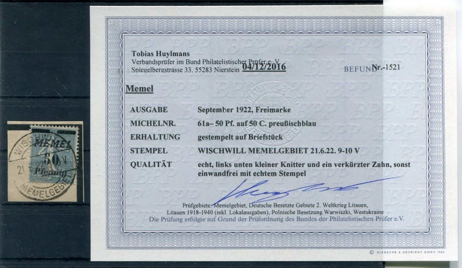 Memel 61a Color Postmarked BPP Certificate (B0437