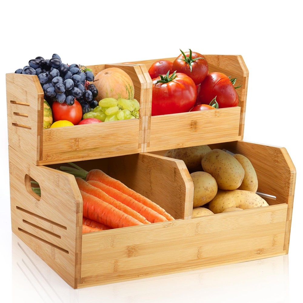 2 Tier Bamboo Stackable Storage Bins, 4 Compartment Potato and Onion Storage ...