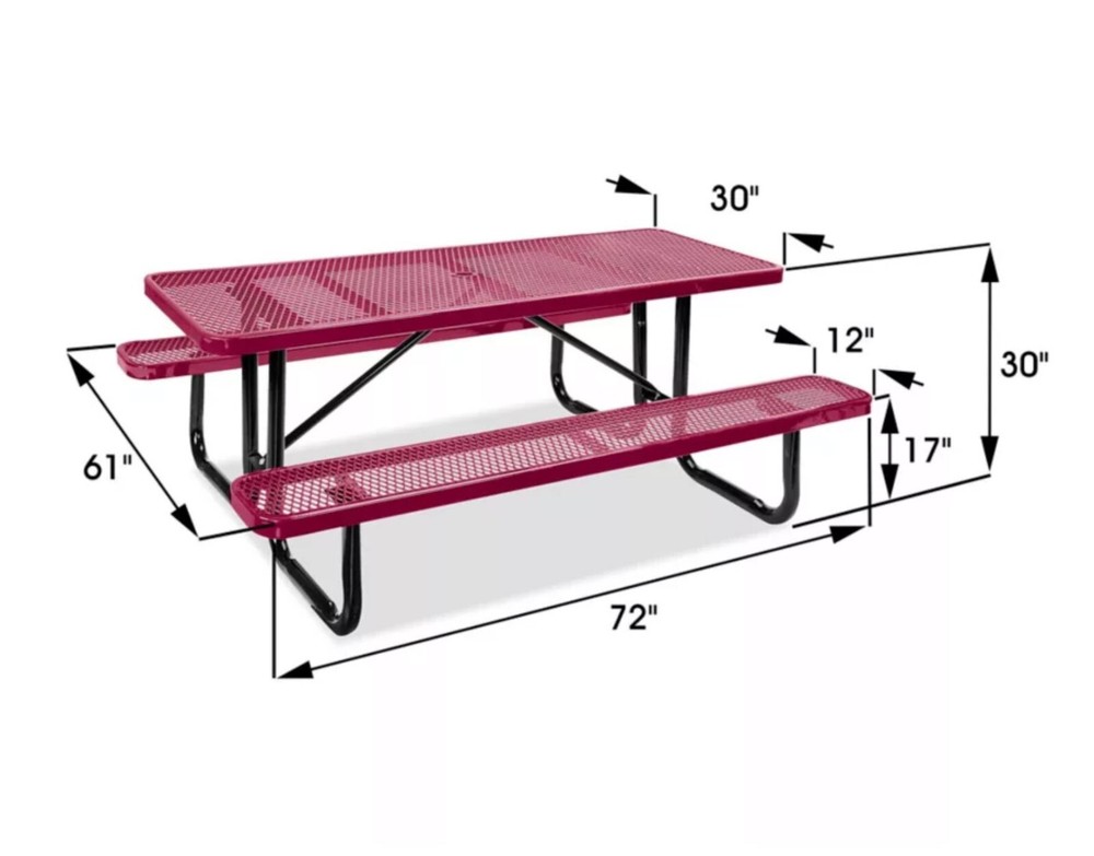 PICNIC TABLE Commercial - All Metal Construction & Steel Frame 6 Ft Rectangular