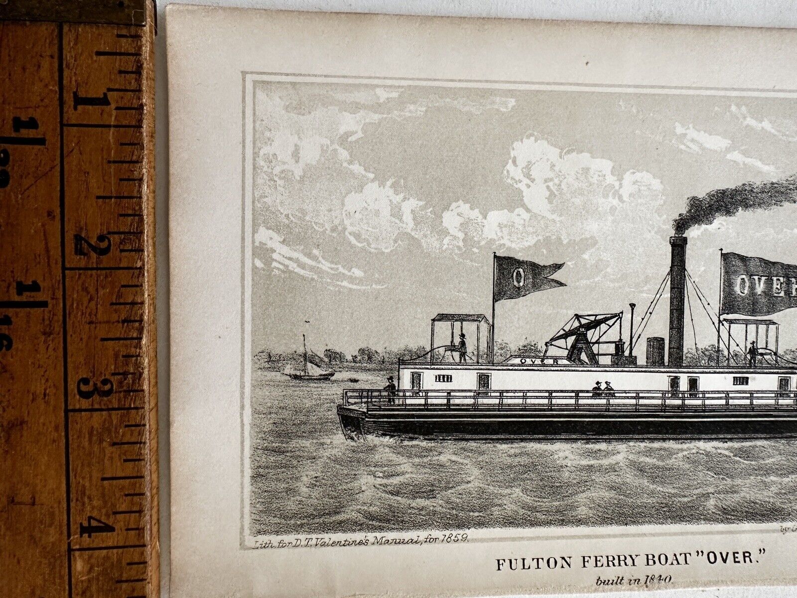 NYC Fulton Ferry boat “Over” 1859 antique lithographed Hayward nautical print