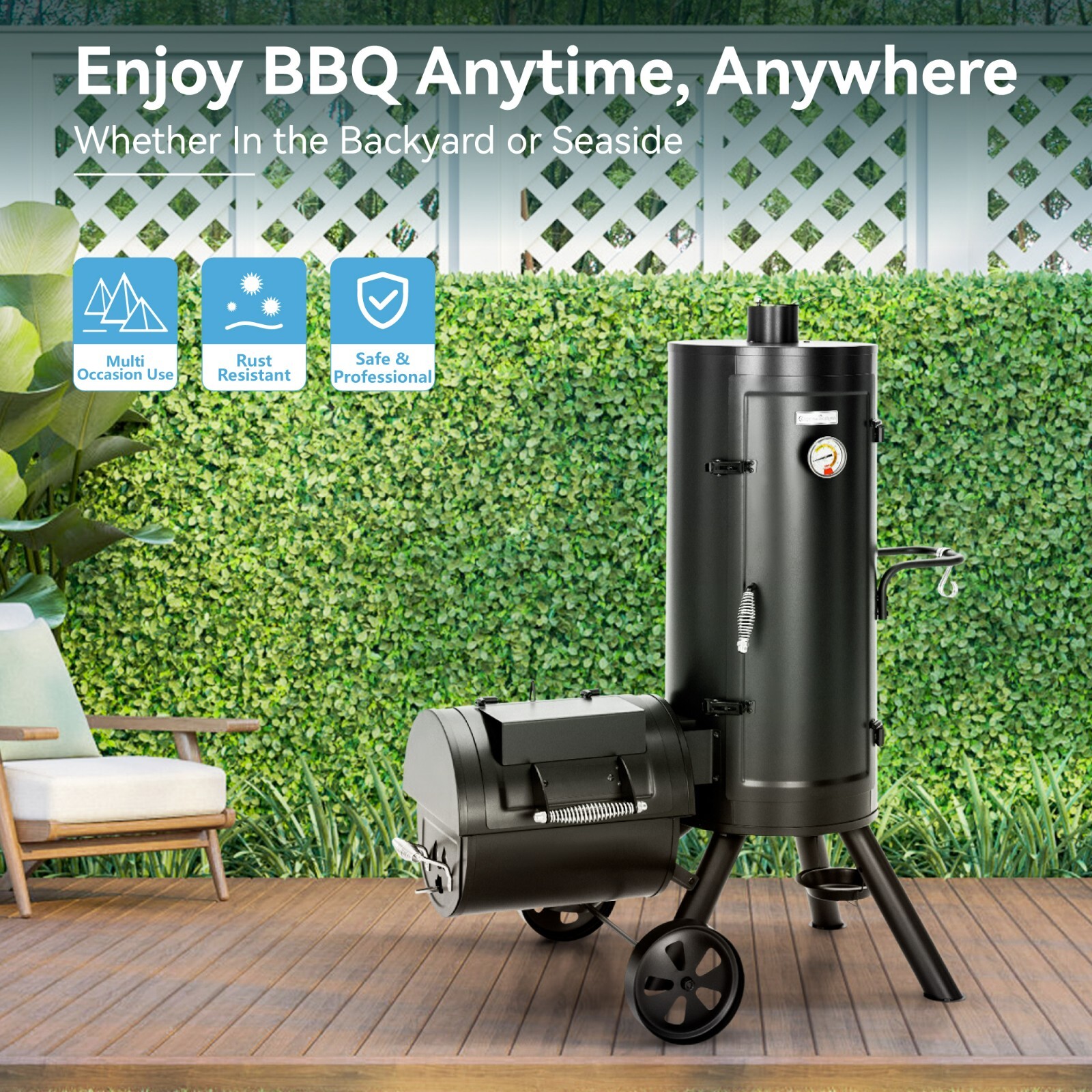 Outdoor BBQ Gill Vertical Offset Charcoal Smoker & Grill Extra Large Heavy-Duty
