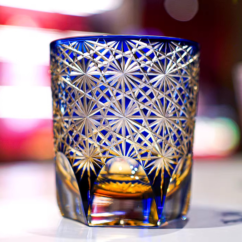 Edo Kiriko Crystal Whiskey Glasses Hand Cut To Clear Blue 9oz Gift Packing