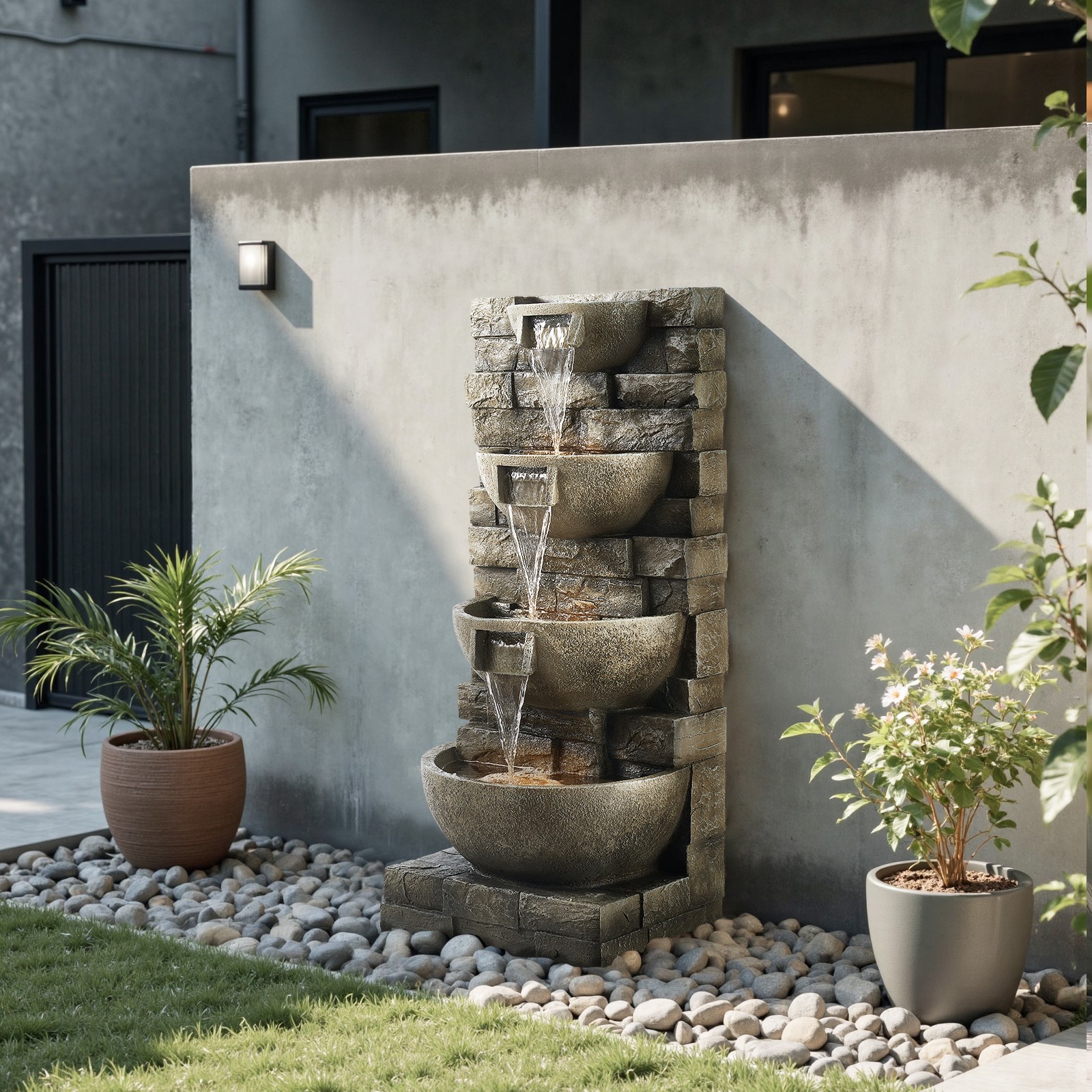 35.63" Outdoor Water Fountain with LED Light 4-Tier Yard Garden Stand Fountain