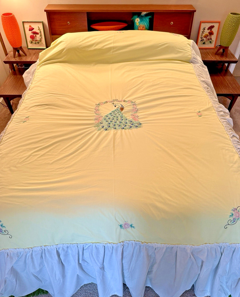 Vintage Embroidered Peacock Coverlet Bedspread