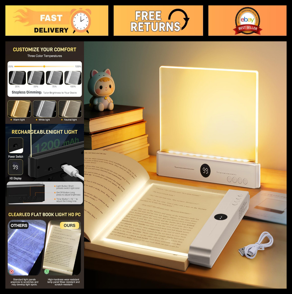 Rechargeable LED Book Light - Dimmable Flat Reading Lamp with Timer & 3 Colors,