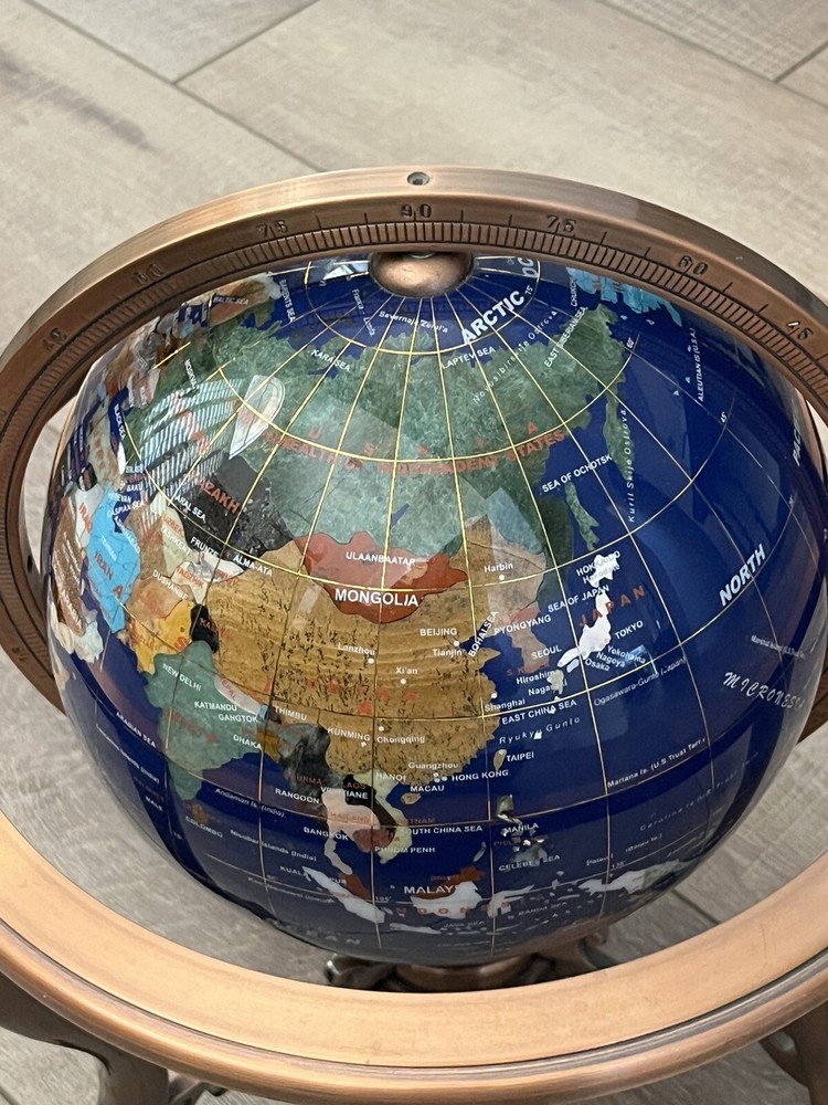 Blue Lapis Rotating Globe Precious Inlaid Stone Solid Brass w/ Compass