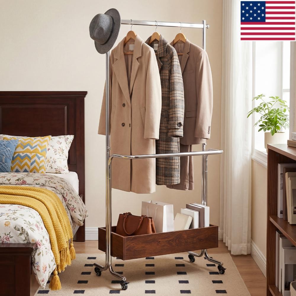 Small Clothes Rack with Wheels Removable Drying Rack Double-pole for Small Space