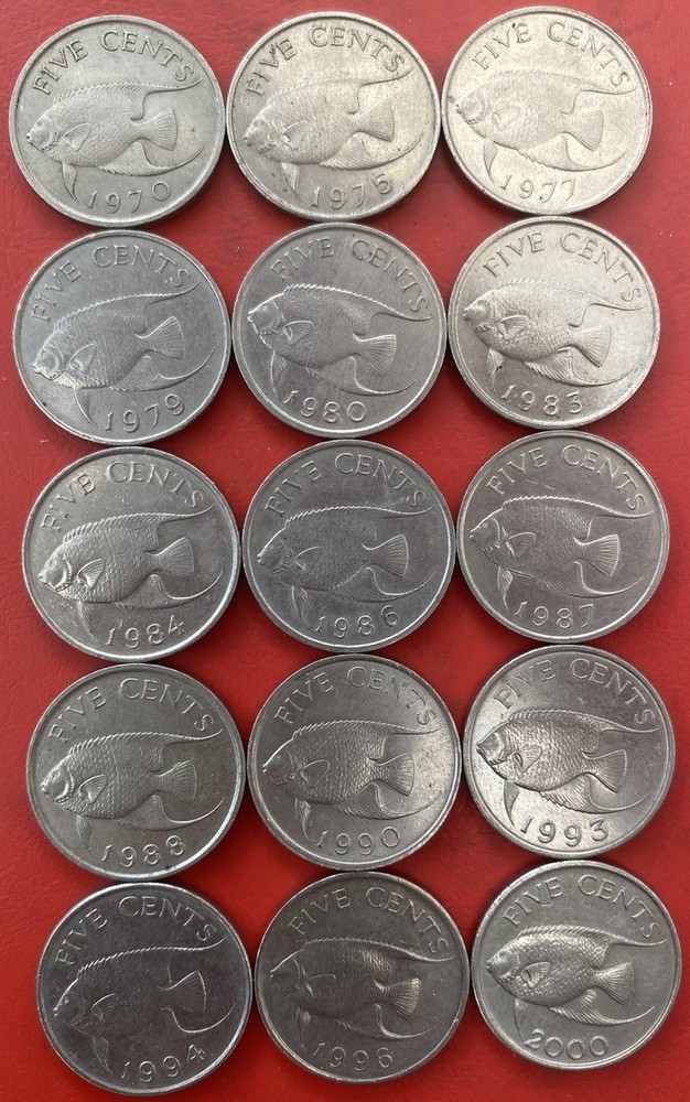 Bermuda 🇧🇲 1970-2000 15x 5 Cent Coins - all different dates