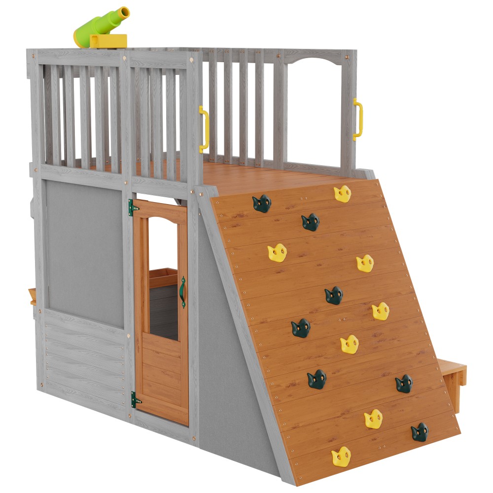 Wooden 2-Story Playhouse Tower with Telescope Ladder Ramp for Kids