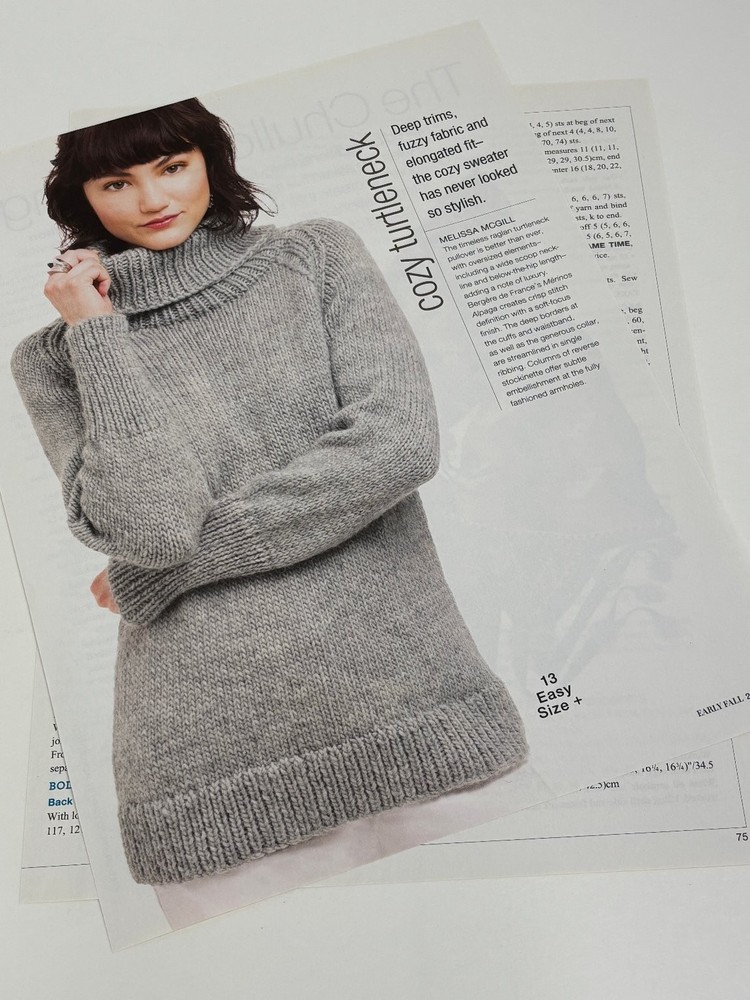 Raglan Turtleneck Pullover Knitting Pattern Easy XS-2X Magazine Pages