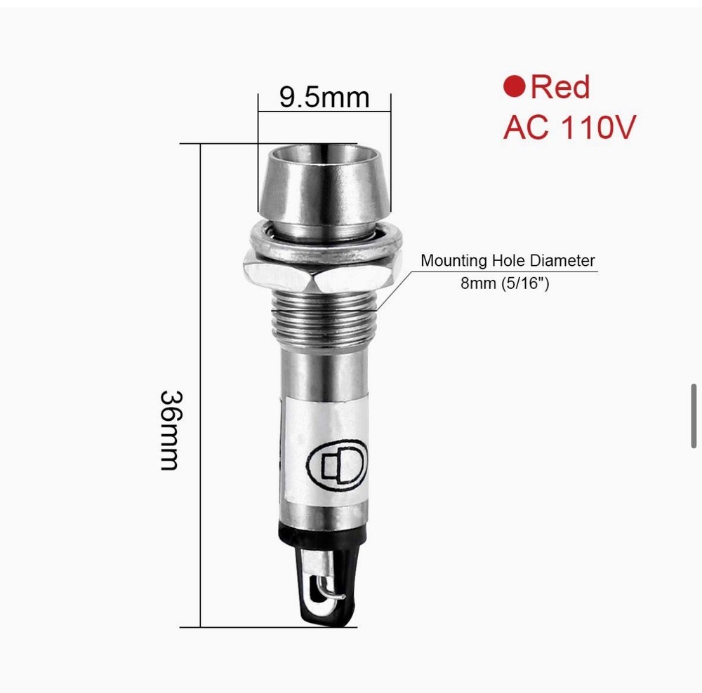 5 PCS Indicator Light AC 110V, Red, Metal Shell Panel Mount 8mm 5/16" 5Pcs