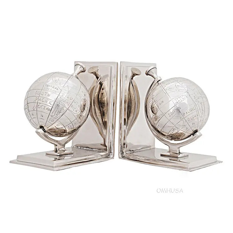 Aluminum Globe Bookends Set 2 World Map Study Library Desk Decor