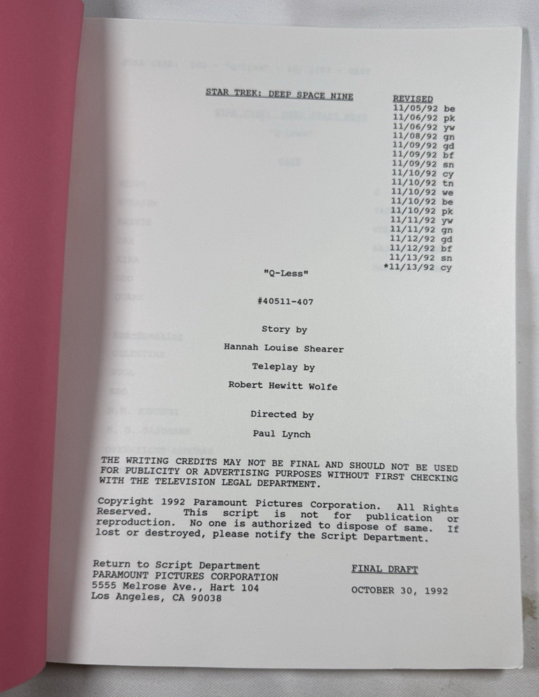 Star Trek Deep Space Nine 1992 Script "Q-Less" - Paramount Pictures Final Draft