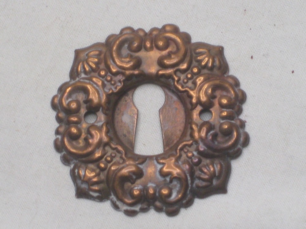 1 antique escutcheon skeleton key type cover plate pressed copper hardware