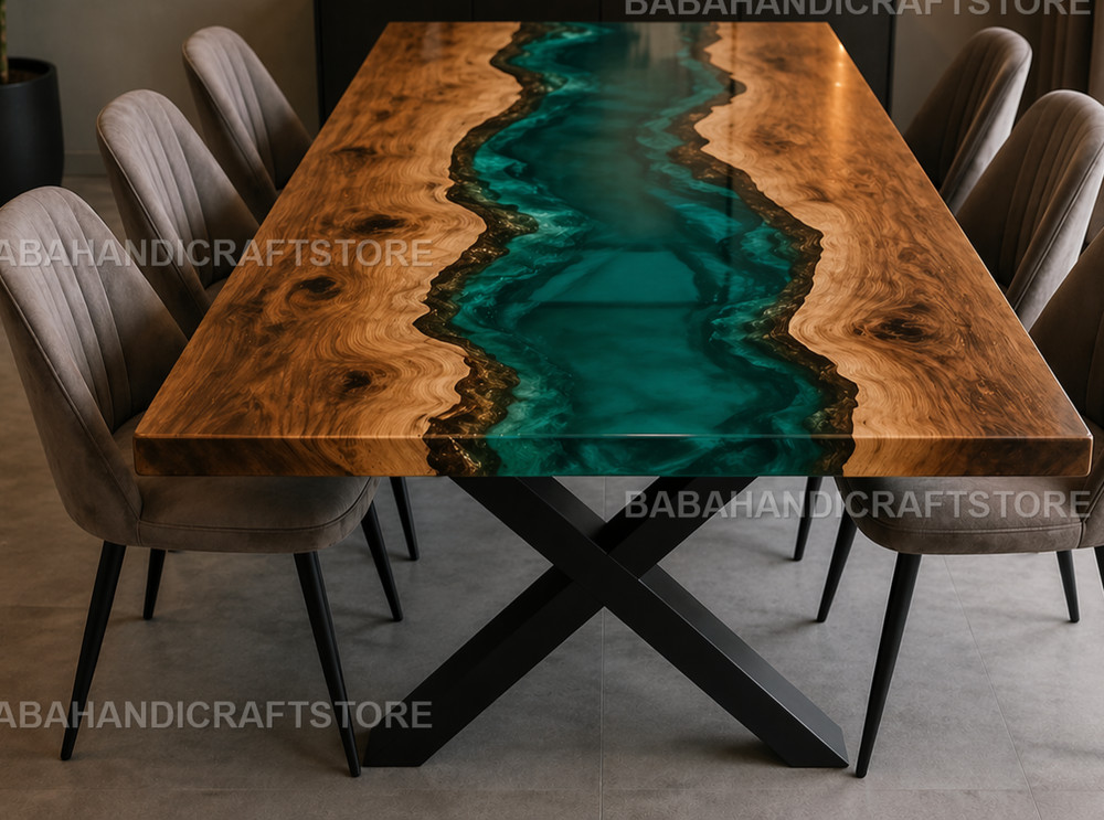 Live Edge Teal Resin Table Custom Epoxy River Dining Table Top Solid Wood Table
