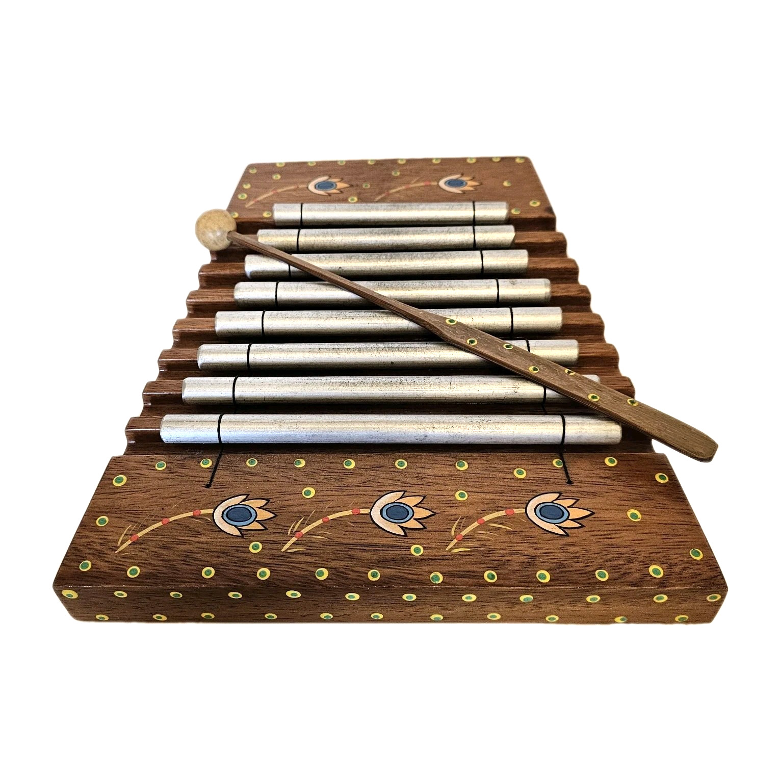 Teak Wood Meditation Chime Xylophone Hand painted w Mallet & 8 Stainless Keys